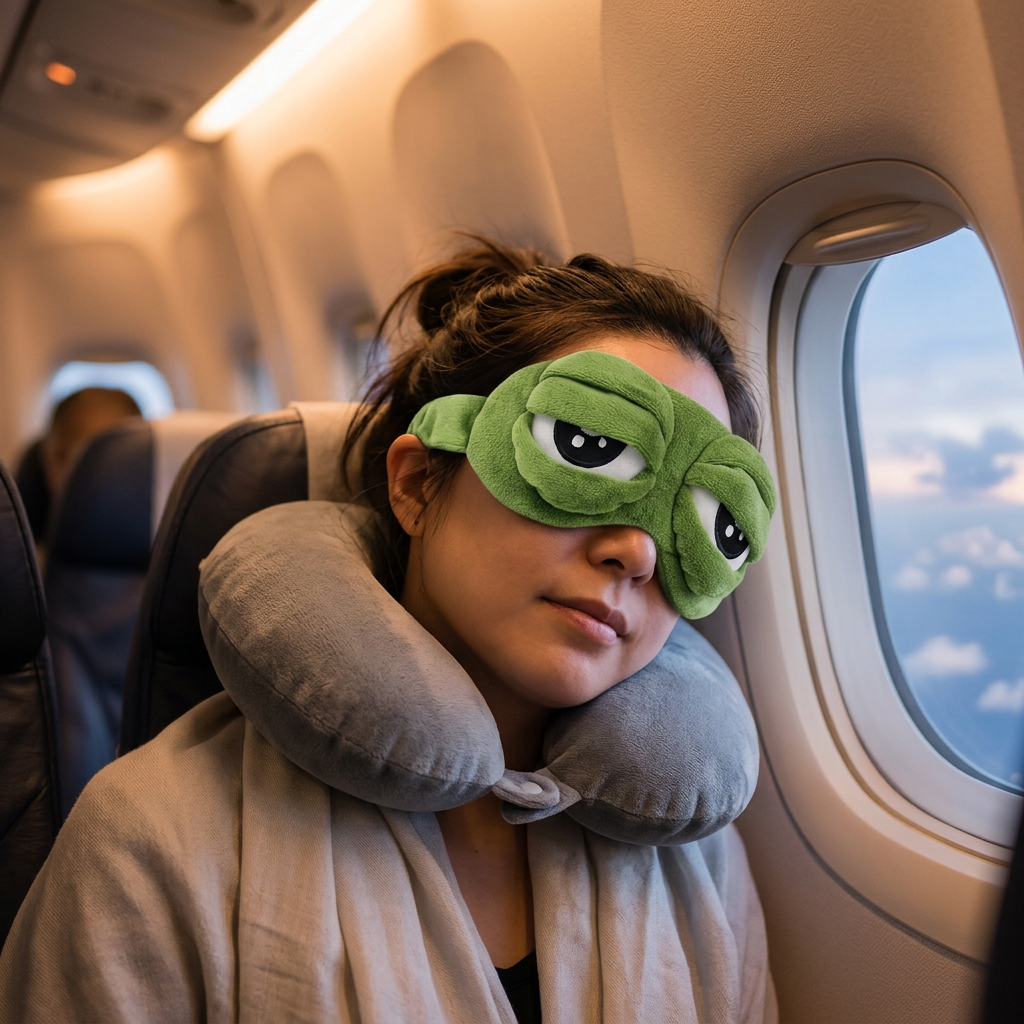 Frog mask on a plane